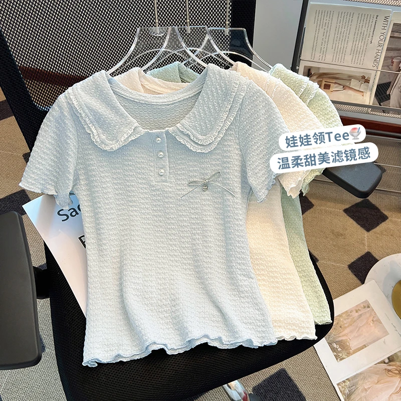 中大童女童短袖纯棉t恤2025夏季新款童装洋气时髦半袖蓝色上衣ins