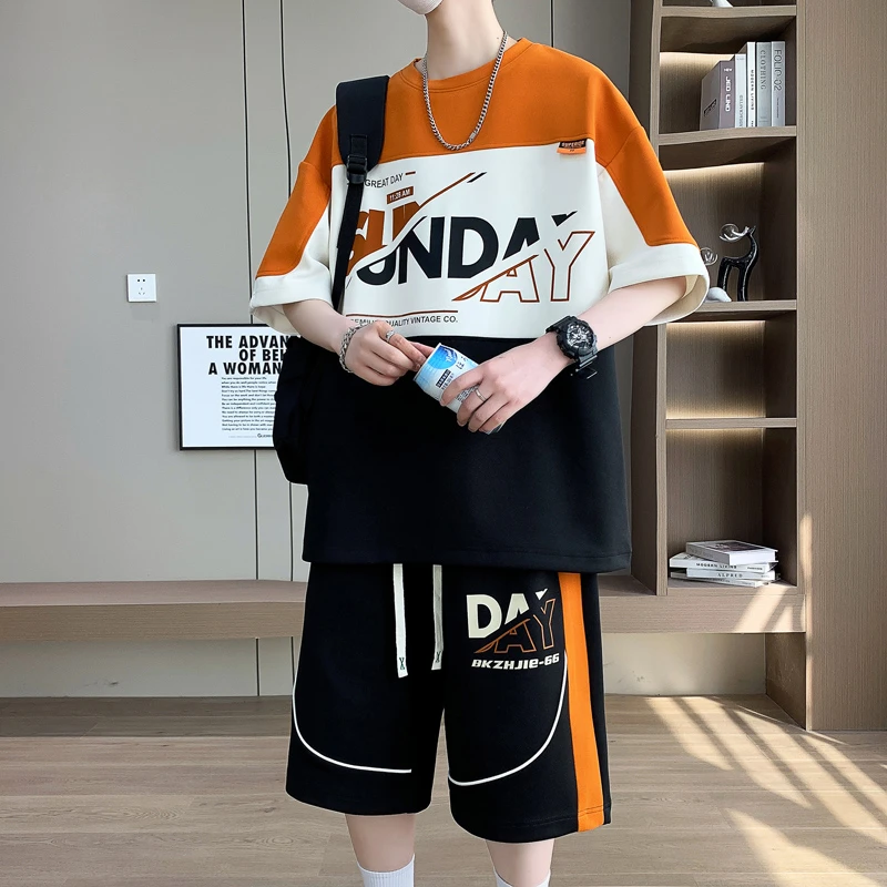 青少年短袖T恤套装男生2025夏季新款潮流宽松学生运动休闲两件套