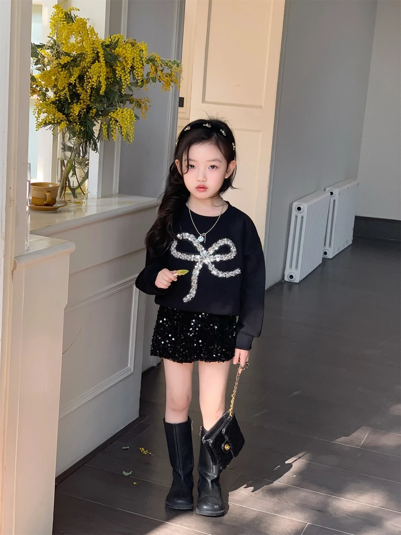 2025春季新款童装 女童时髦亮片蝴蝶结卫衣韩版亮片裙