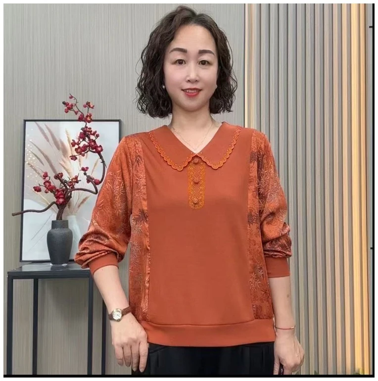 秋季新款中老年T恤拼接印花显瘦遮肉上衣妈妈装洋气休闲打底衫