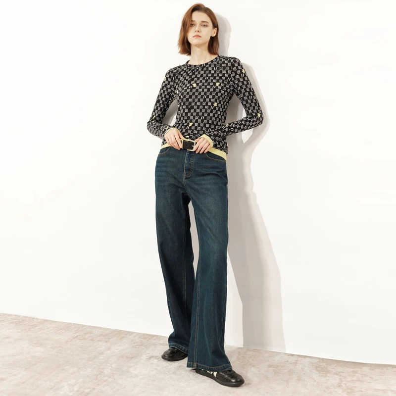 U/TI黑底字母印花修身长袖T恤撞色显瘦秋冬新款通勤内搭打底上衣