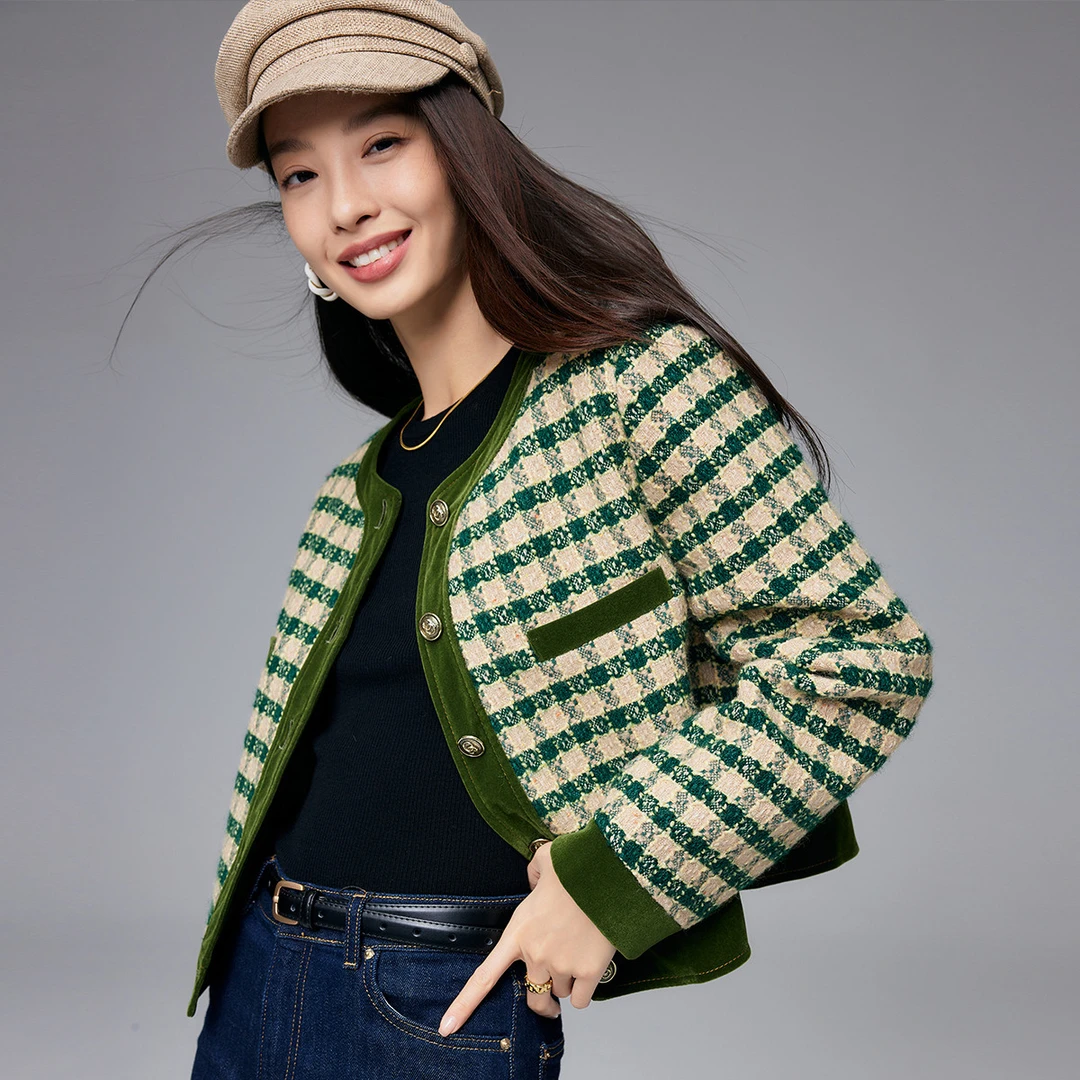 春季圆领格纹外套时尚百搭短款羊毛大衣女ET23260D