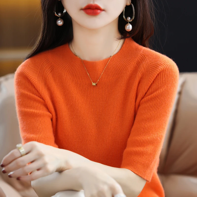 断码清货半高领+圆领+卷边羊绒针织短袖女气质纯色五分袖套头羊绒