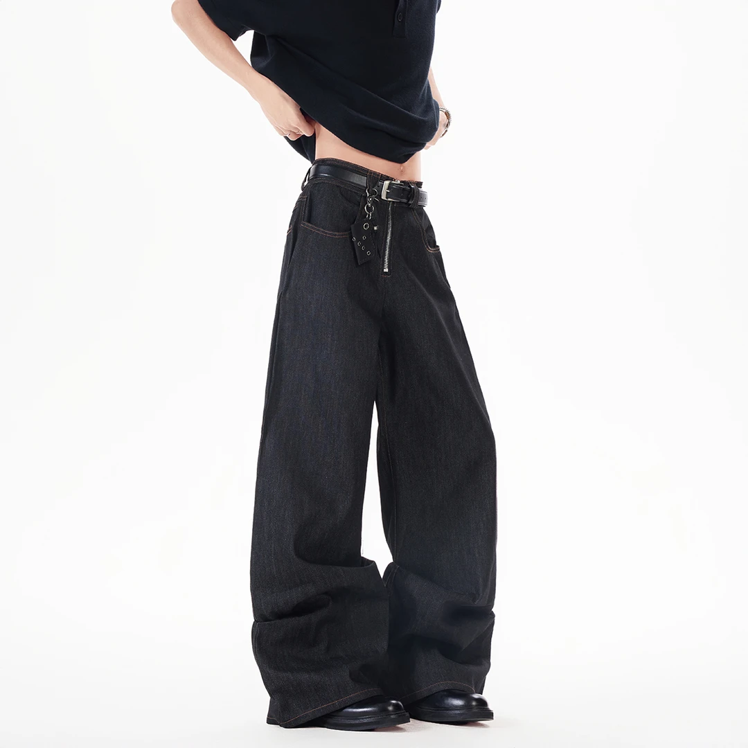 美式复古丹宁黑色弯刀牛仔裤男夏季潮牌cleanfit宽松直筒阔腿裤子