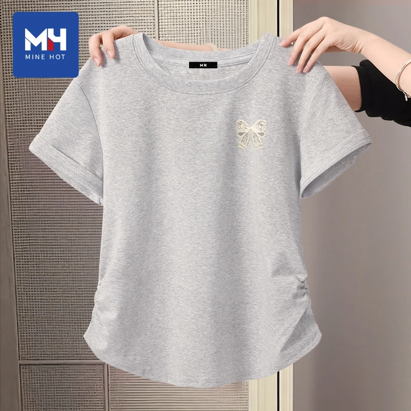 唐狮集团MH麻灰短袖t恤女夏季2025抽褶修身显瘦时尚chic韩系上衣H