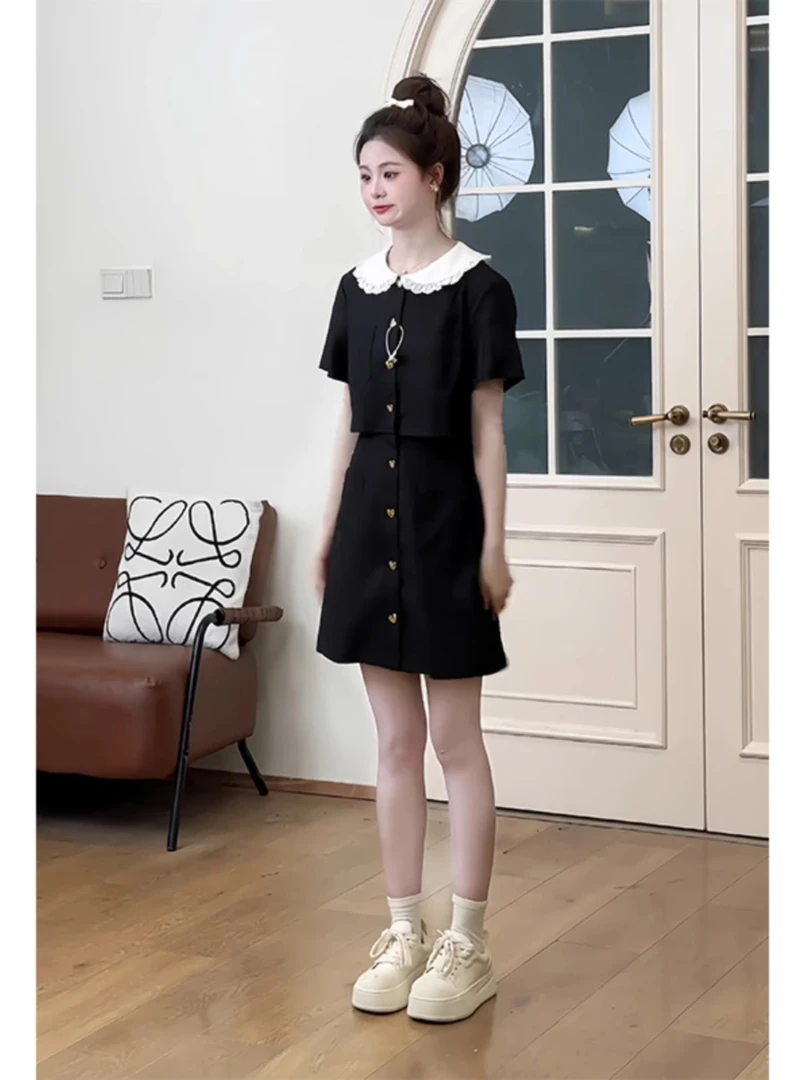0623假两件小香风连衣裙夏季新款黑色高级气质法式裙子小个子女装