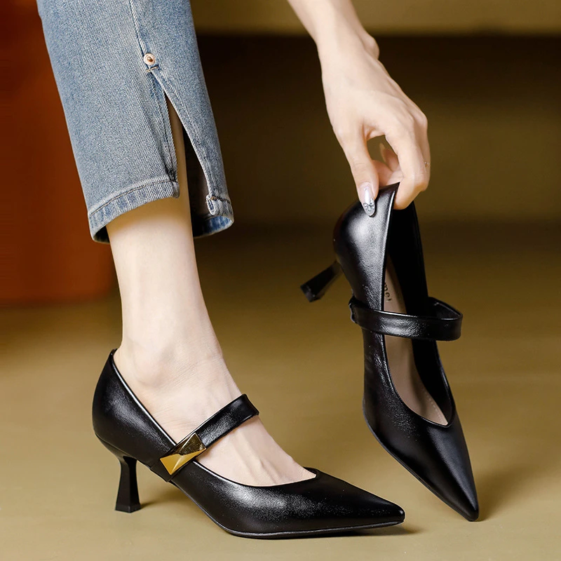 JHX法式细跟高跟尖头不累脚一字扣单鞋百搭女软羊皮玛丽珍女鞋