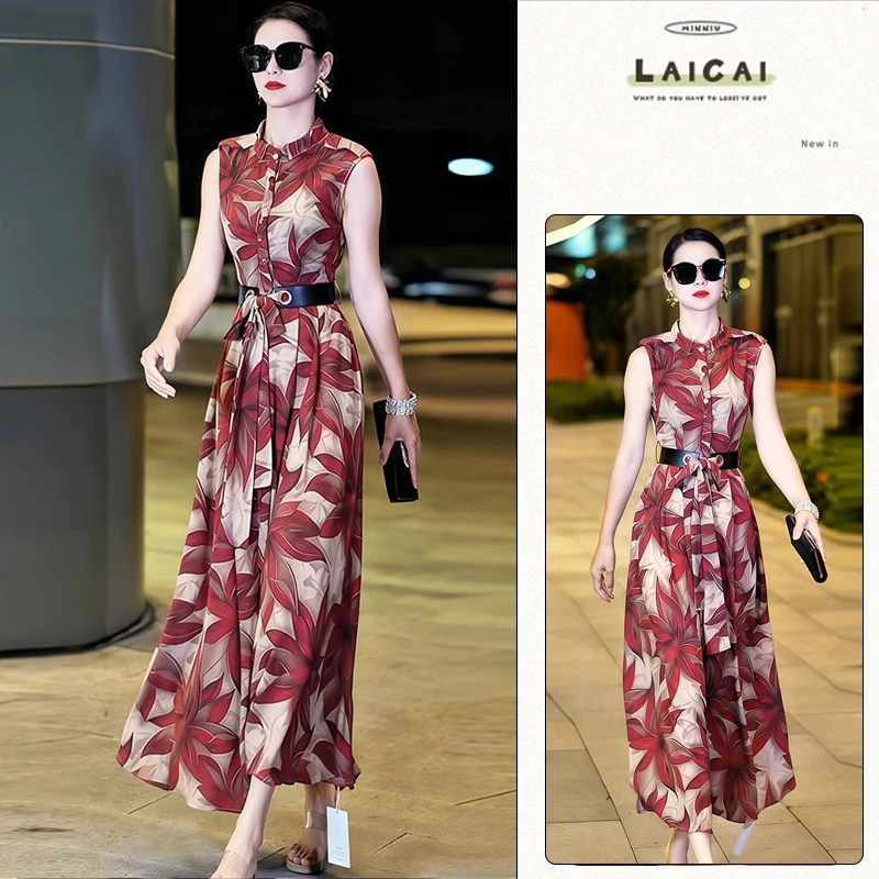 气质印花大方连衣裙2025夏季新款法式收腰绑带显瘦女神范雪纺长裙