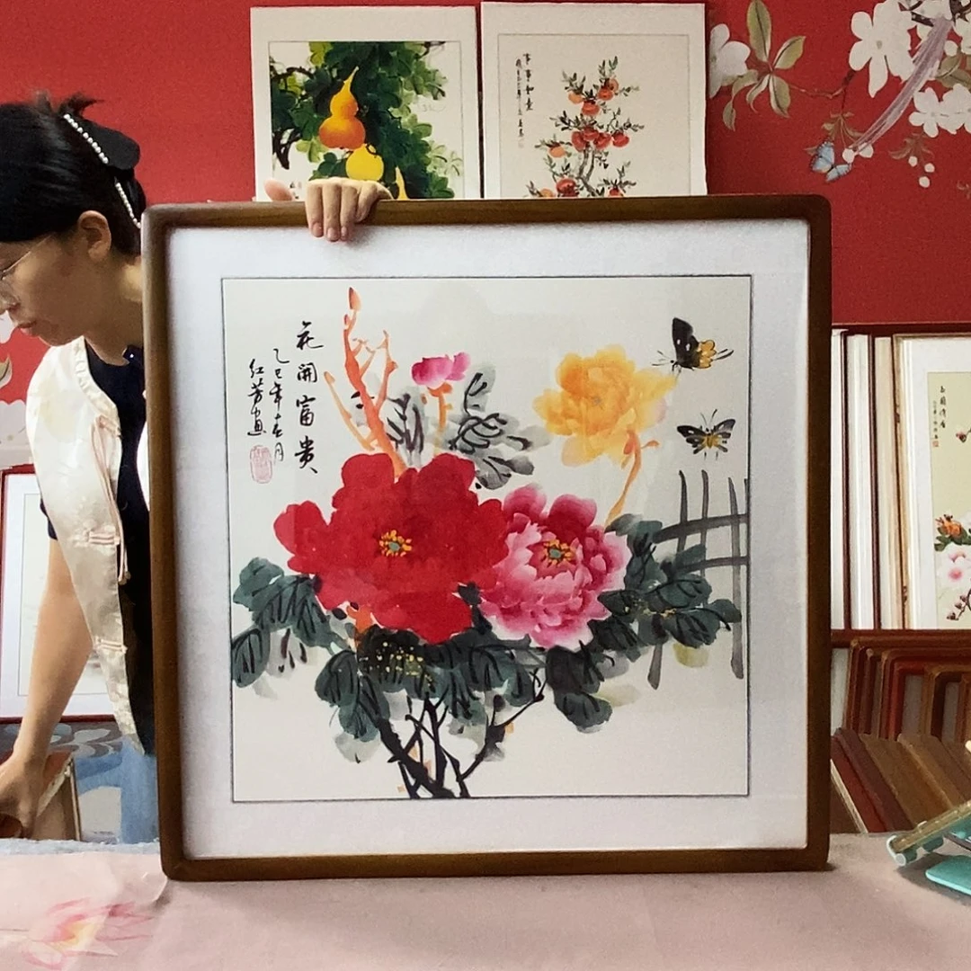 国画手写手绘国画作品带框包邮62✖️62
