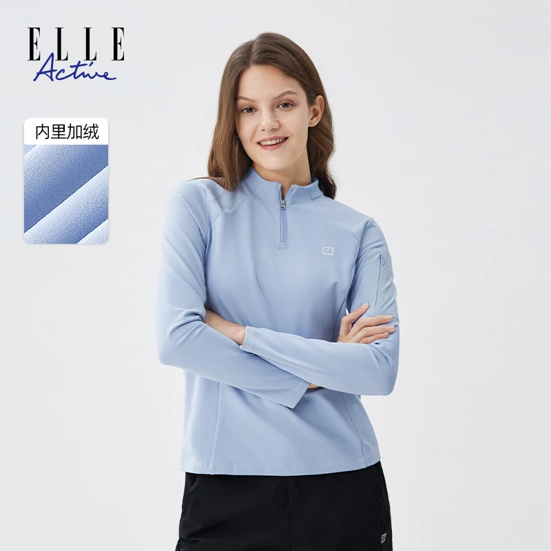 ELLE Active【绒毛保暖】半拉链长袖T恤女士百搭运动立领上衣休闲服