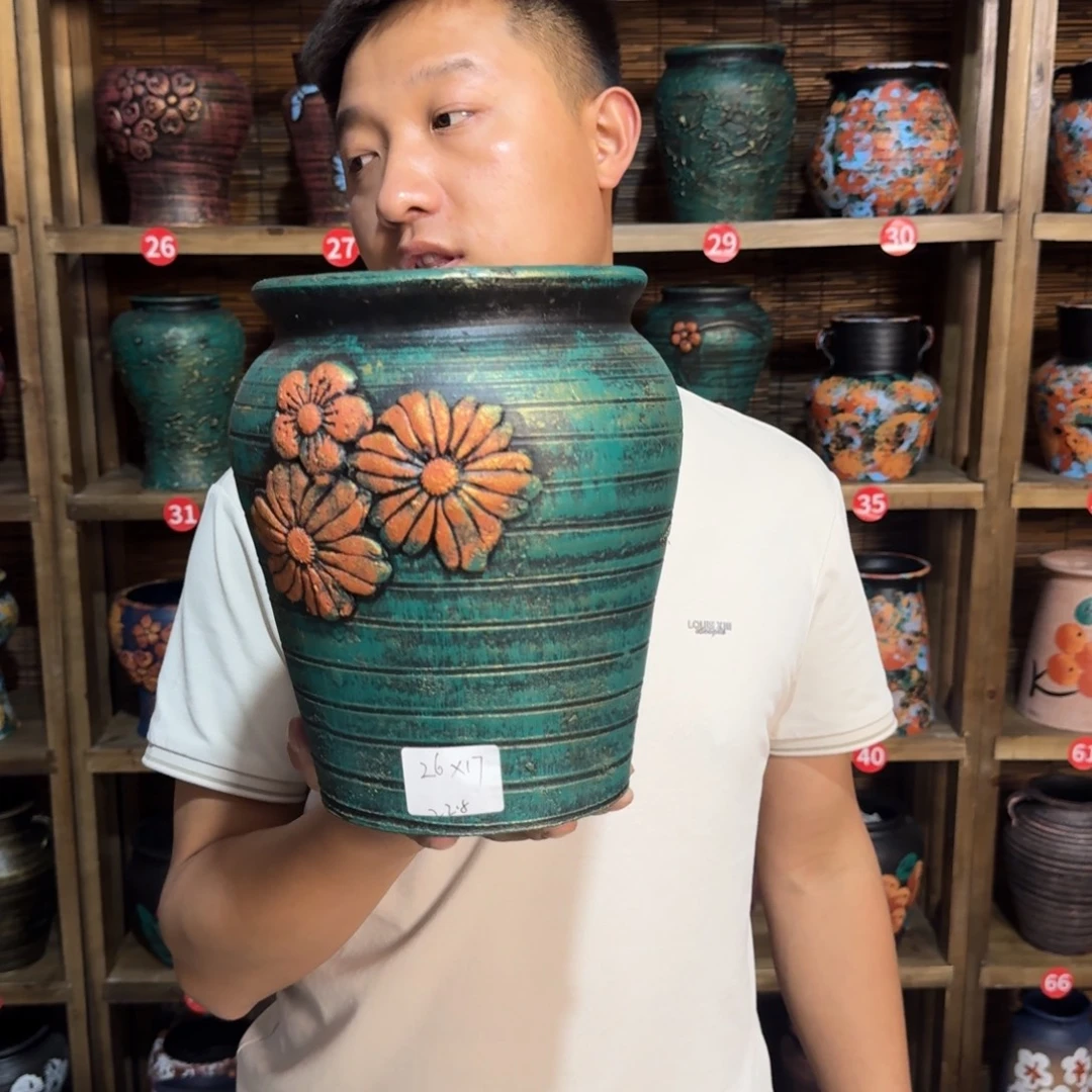 红陶浮雕花盆炸炸炸