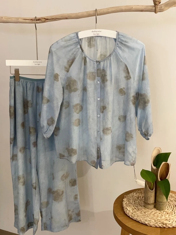 251-063睡衣女2025春夏新款桑蚕丝奢华圆领玫瑰印花七分袖家居服