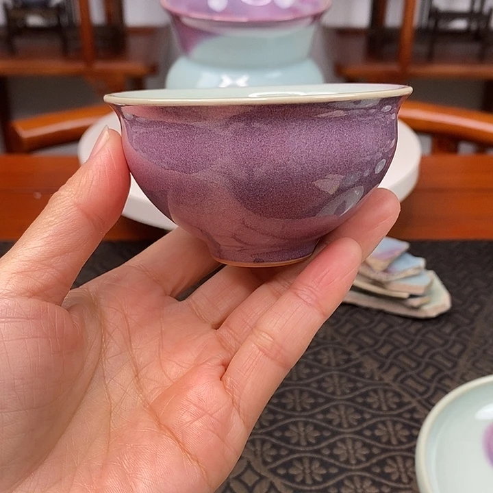 手工原矿里蓝外红束口盏