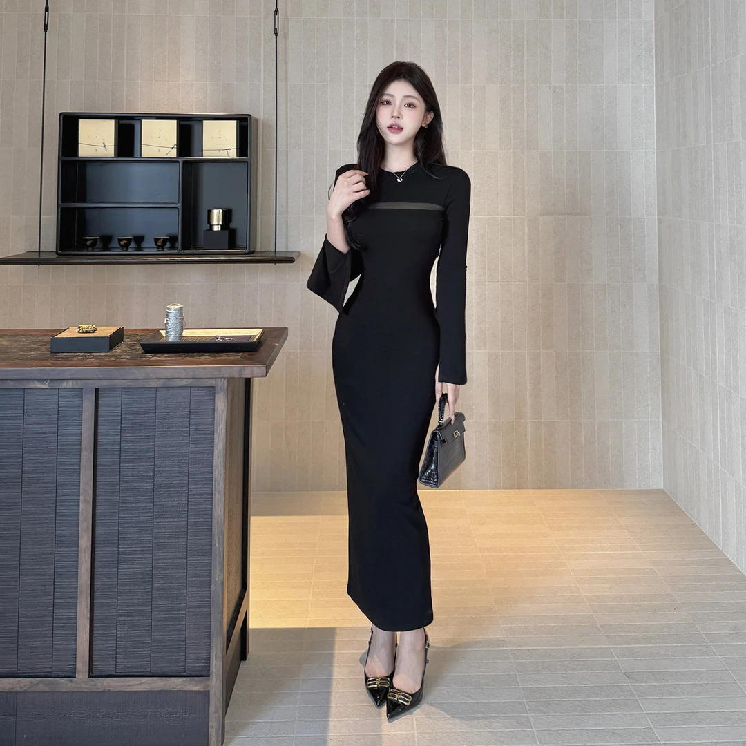 instahot 性感镂空长袖秋冬内搭连衣裙御姐气质修身包臀裙长裙