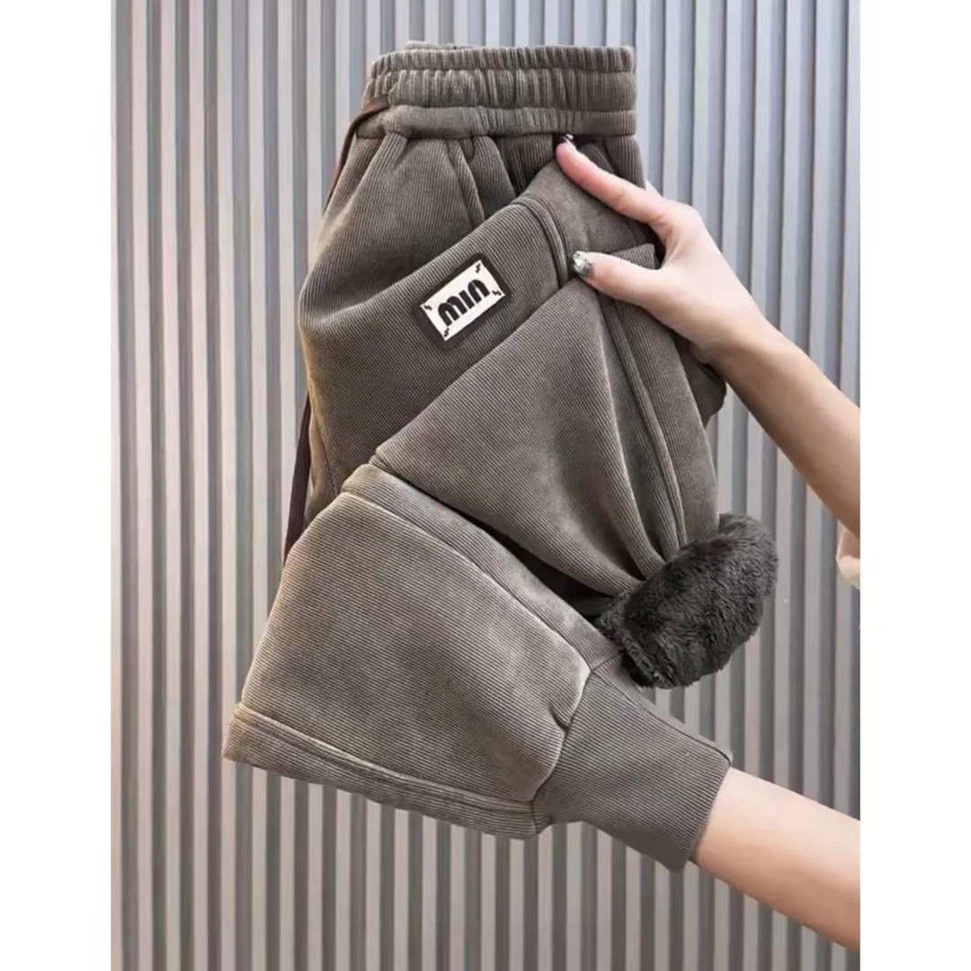 运动裤女冬款加绒加厚保暖哈伦裤宽松显瘦时尚卫裤高腰束脚休闲裤