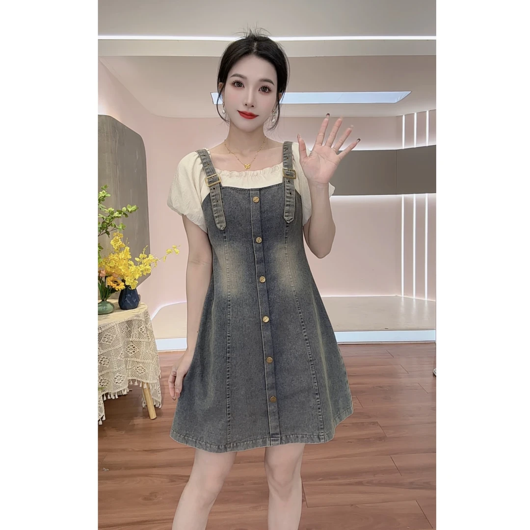 2025春季新款莫奈花园风时尚拼接复古牛仔连衣裙