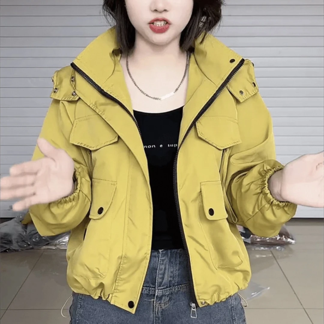 春秋新款连帽宽松拉链上衣口袋潮流冲锋衣外套女短款时尚休闲女款