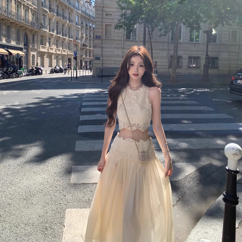 【卢浮幻境】优雅甜美精致睫毛蕾丝上衣+长裙套装女