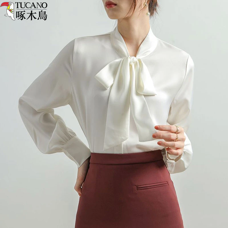 啄木鸟法式飘带白衬衫女装新款气质抗皱长袖衬衣教师招聘面试服装