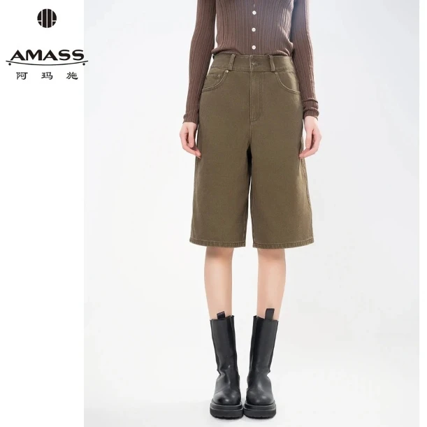 AMASS慵懒风纯色中裤拼接五分裤休闲裤休闲简约舒适学院风