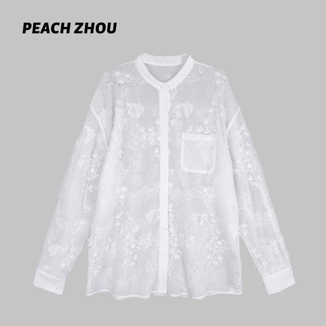 『PEACHZHOU』立体刺绣花朵镂空微透翻领衬衫法式度假设计感长袖女