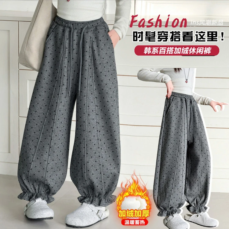 女童加绒裤子冬季新款中大童一体绒加厚花苞裤儿童宽松保暖休闲裤