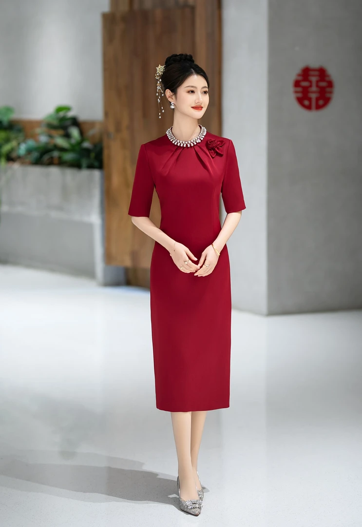 结婚礼服气质妈妈喜服高端婚宴装连衣裙春夏新款中长过膝修身圆领