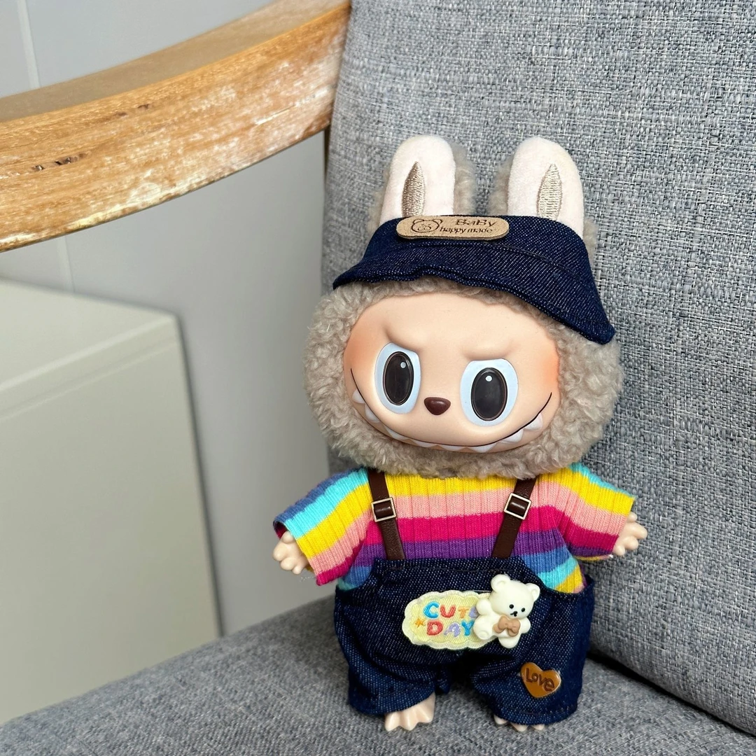 17cm拉布布娃衣labubu搪胶公仔衣服可爱牛仔一三代盲盒着替套装