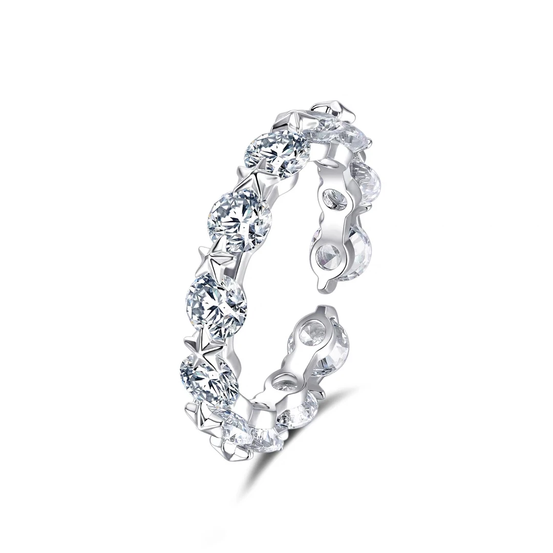 铜合金锆石戒指 D-130超闪小众高级感满钻锆石星星开口银色戒指