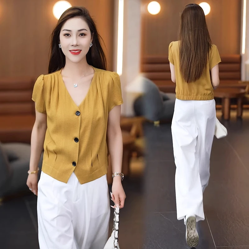 气质v领雪纺衫女短袖上衣2025夏季新款时尚减龄显瘦法式短款小衫