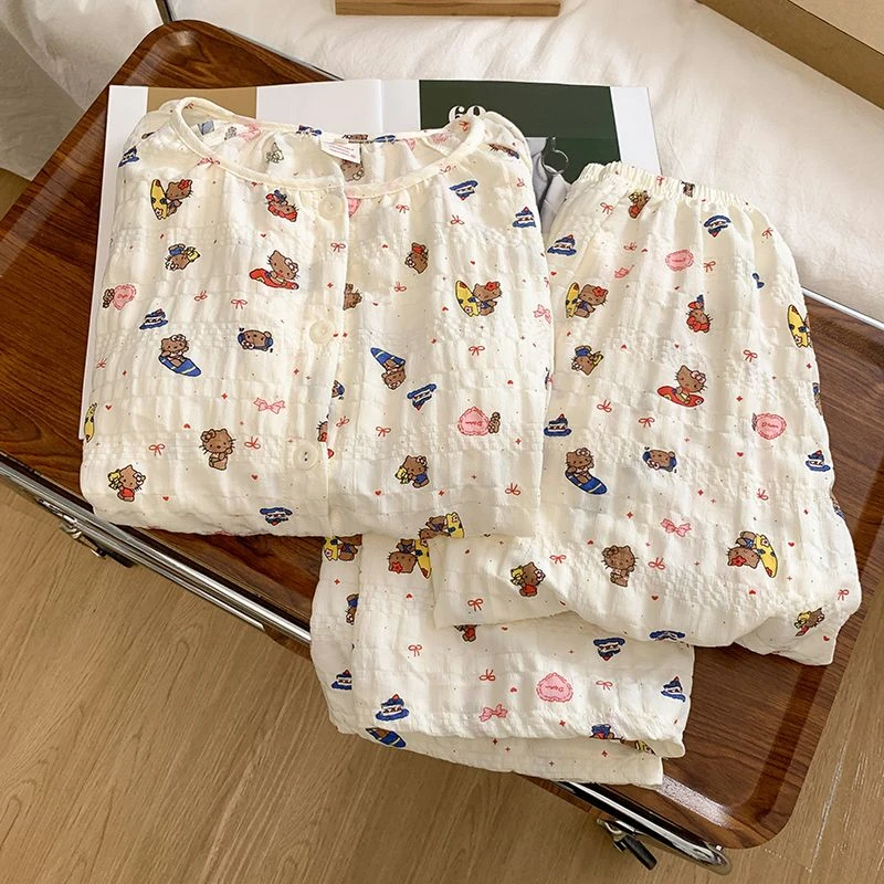 圆领日系甜美KT睡衣女春秋季卡通宽松韩版长袖长裤套装可爱居家服