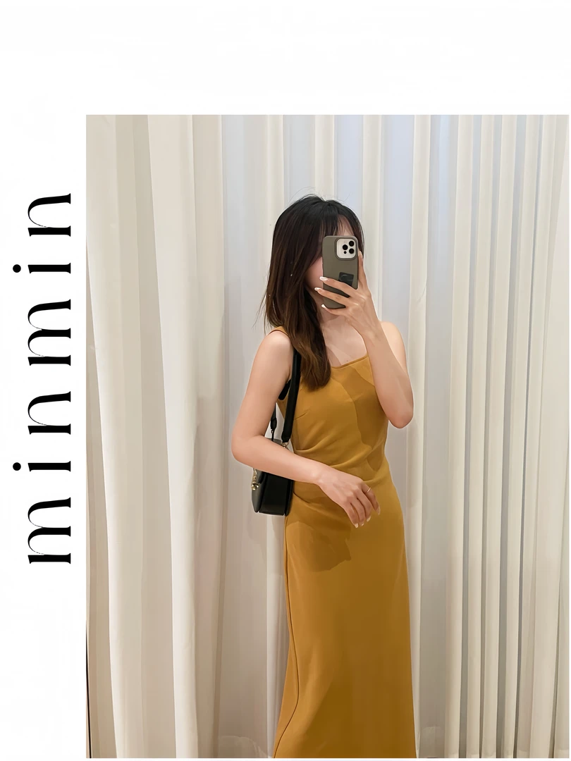 【Minmin】法式方领褶皱收腰吊带连衣裙女夏小个子辣妹显瘦63527