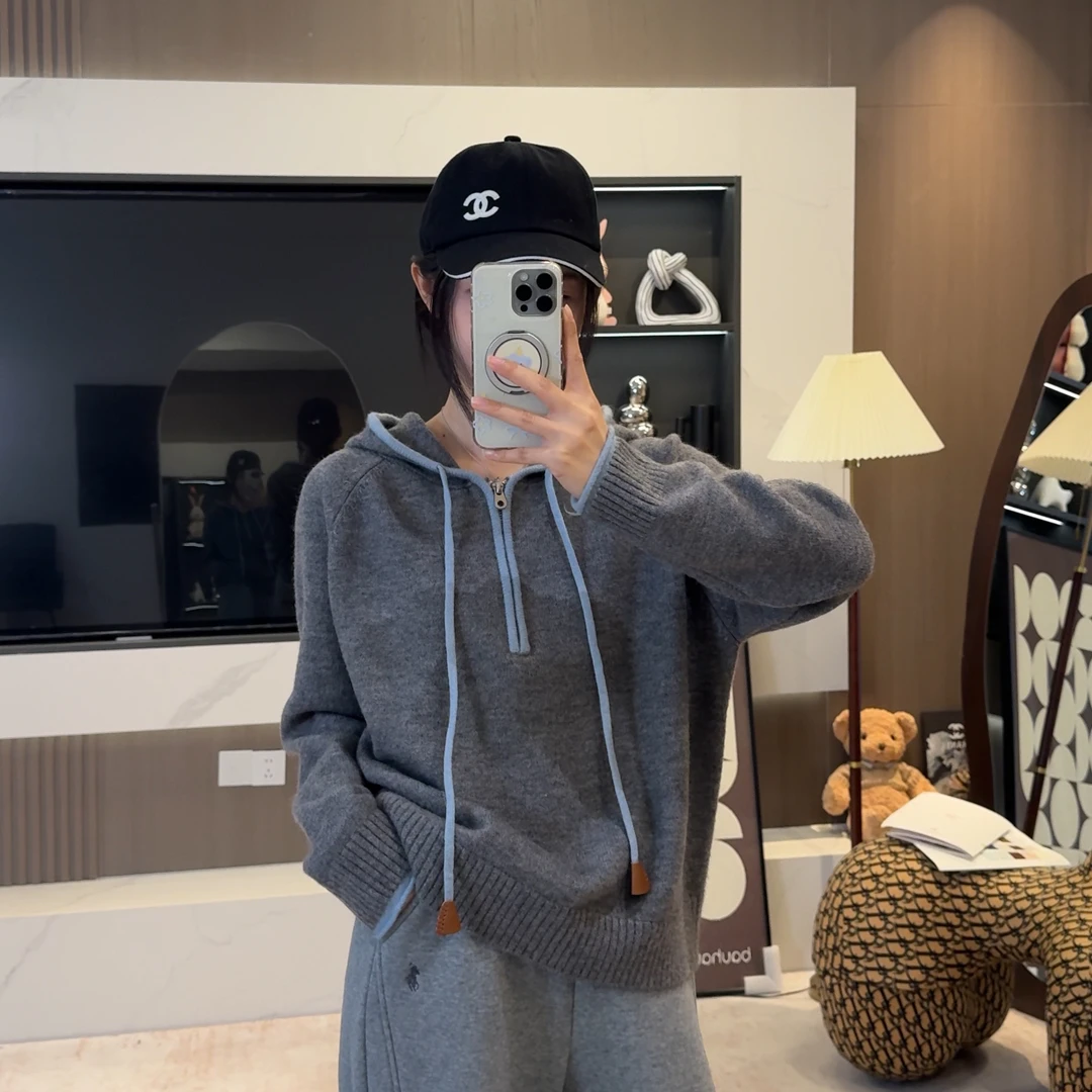 宿慕SUMU秋冬韩版时尚连帽半拉链百搭宽松撞色长袖针织毛衣28390