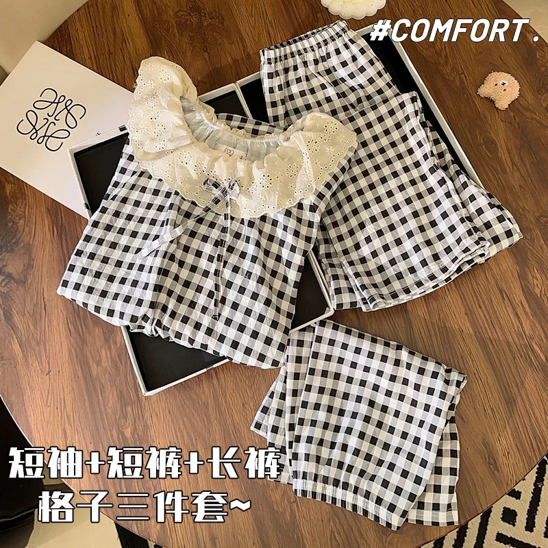 夏季格子睡衣女娃娃领云朵棉少女三件套装2025新款夏天少女家居服