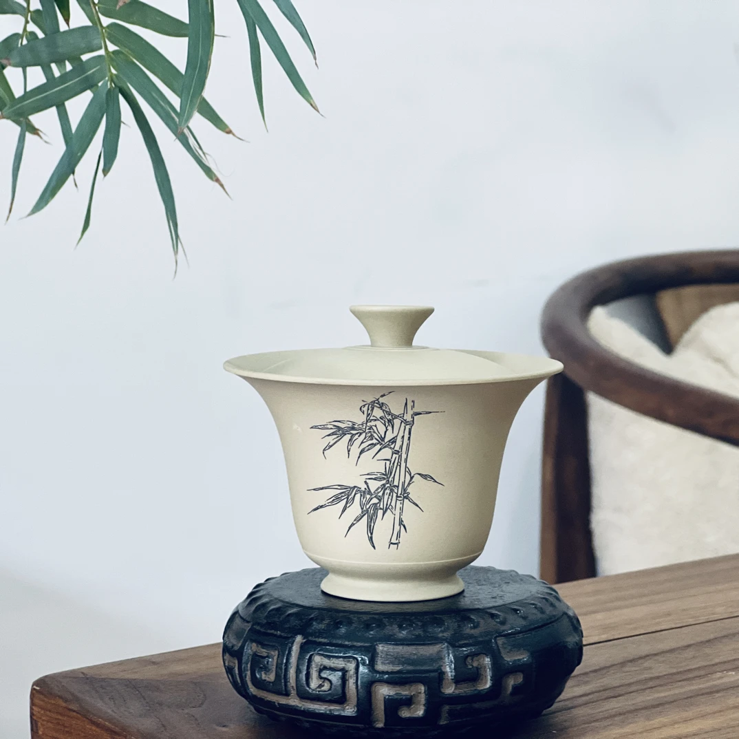 【建水紫陶盖碗】薄胎悬停防烫白描全三才手工茶具茶杯家用