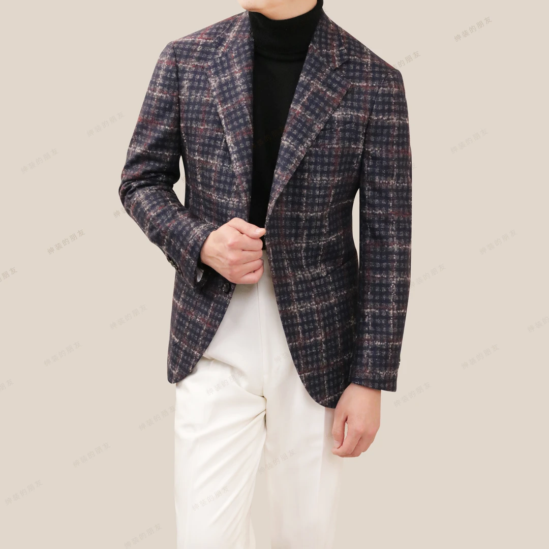【意大利CERRUTI1881】面料蓝色底红白格纹西装男士休闲西服外套男