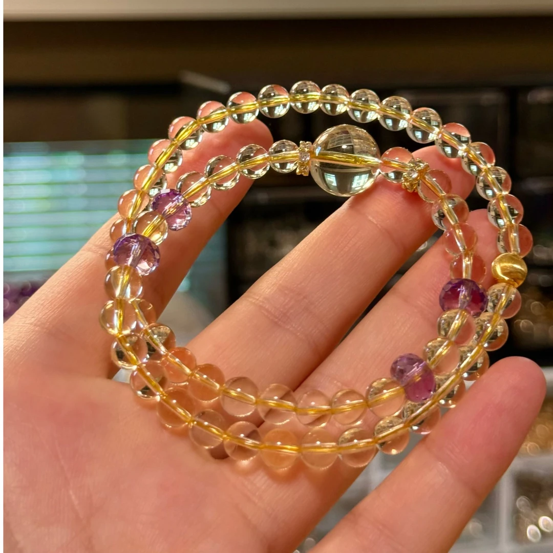 Friday原创｜金穗星 净透黄水晶搭波紫双圈水晶手串