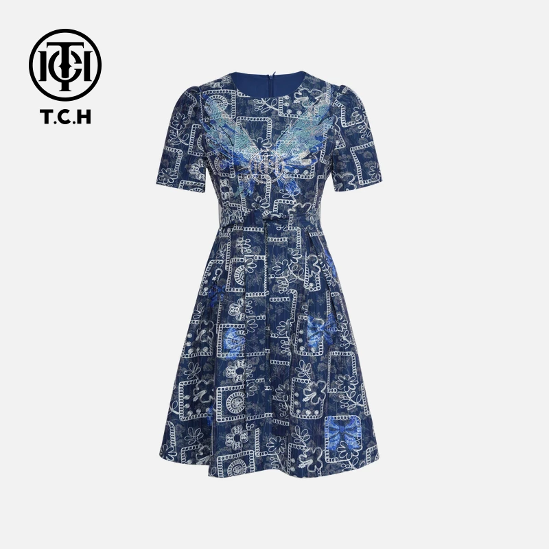 TCH烫钻工艺新时尚淑女百搭潮流连衣裙女T75B30E1098轻奢tch