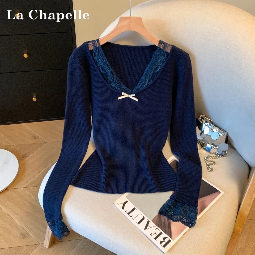 拉夏贝尔法式蕾丝v领长袖针织衫女秋冬内搭软糯修身显瘦打底毛衣
