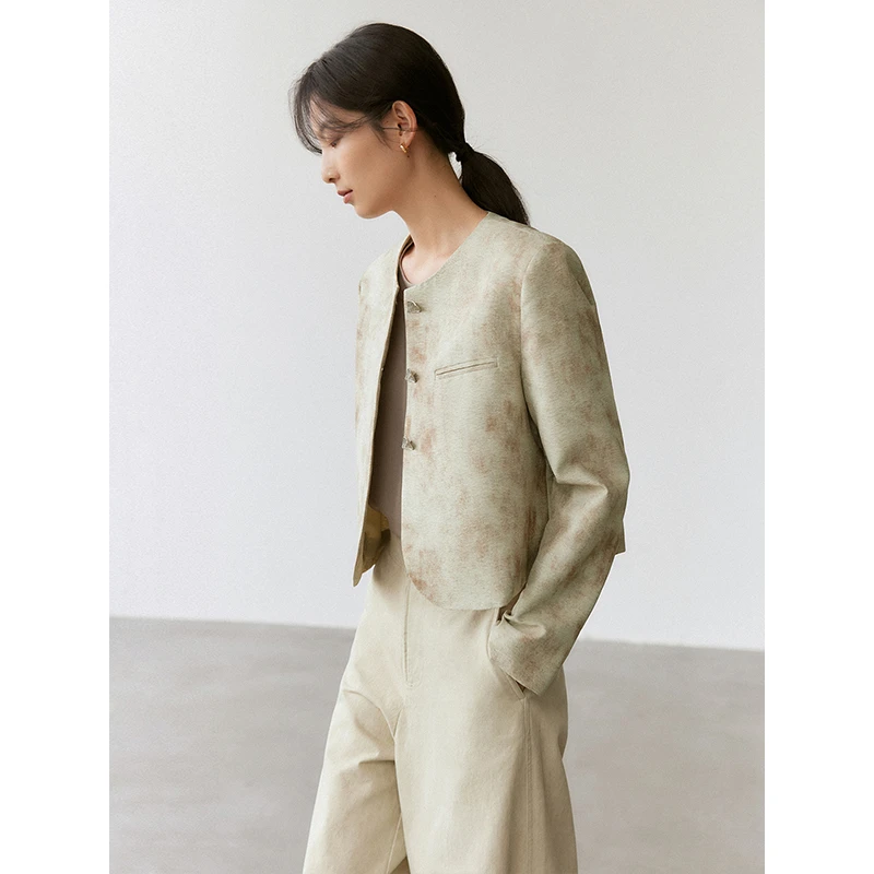 年终大促【1655】复古水墨染印花小香风设计感新中式气质上衣