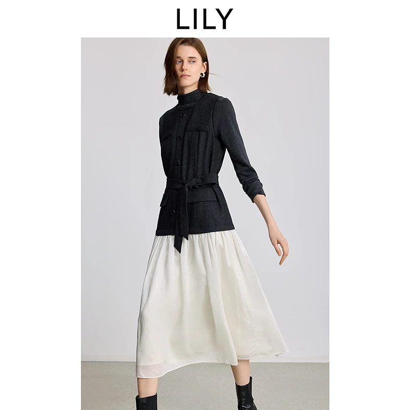 LILY2025冬新款女装羊毛混纺含莫代尔醋酸收腰连衣裙125409V7902