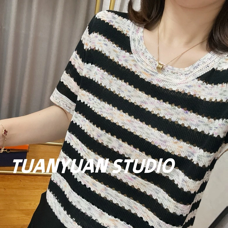 复古条纹新款恤2025短袖女夏季美式圆领镂空设计感针织上衣