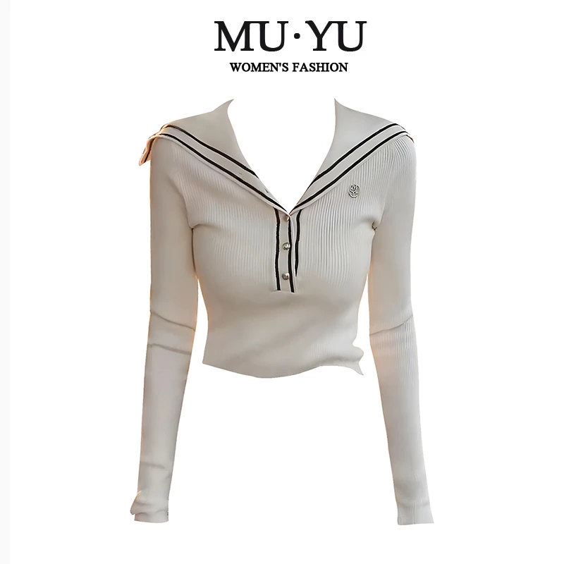 小香风海军领针织长袖T恤女春季气质翻领修身短款毛衣显瘦打底衫