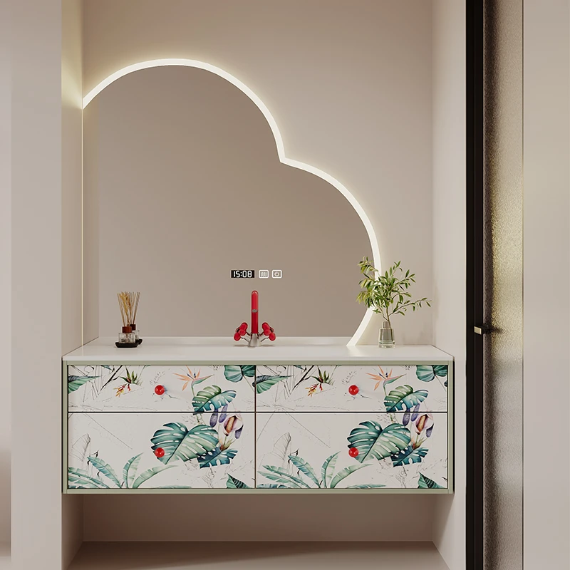 新款法式浪漫小清新浴室柜组合岩板热弯一体盆卫生间洗漱台洗手盆