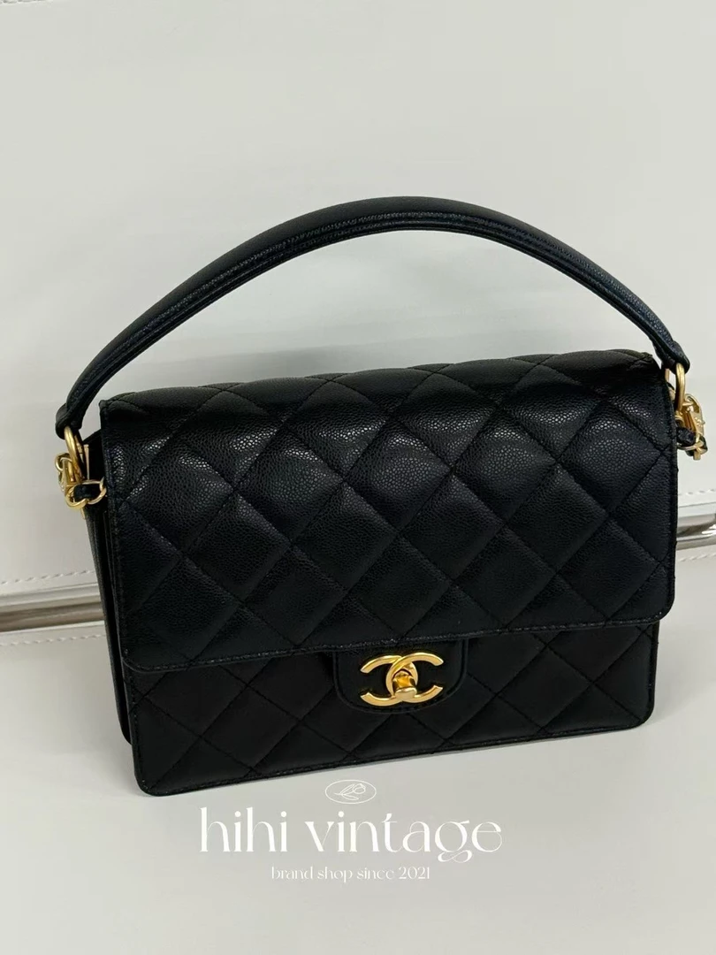 99新 Chanel/香奈儿 24K 黑金荔枝纹手柄口盖链条包14607411/二店