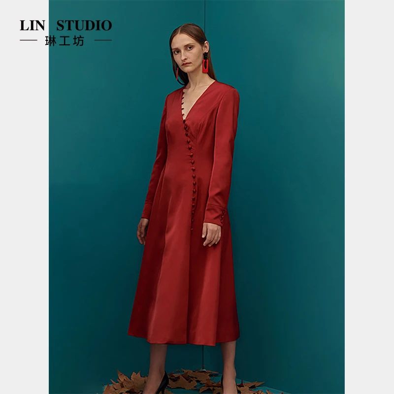 【特殊活动款 不支持退换】琳工坊酒红色包扣连衣裙