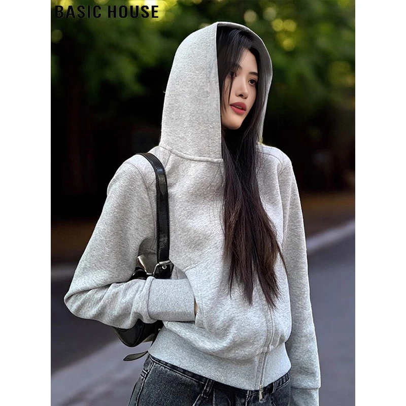 Basic House/百家好韩系修身灰色短款连帽卫衣外套女秋季长袖上衣