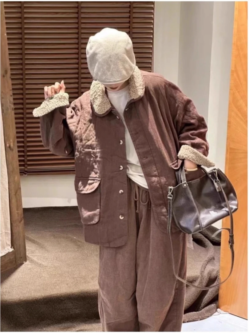 冬季韩系短款女人大码灯芯绒翻领加厚小个子外套保暖棉服衬衫外套