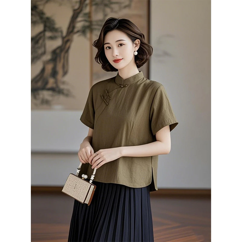 2025春夏新款斜襟盘扣唐装复古国风立领衬衫女设计感中式气质上衣