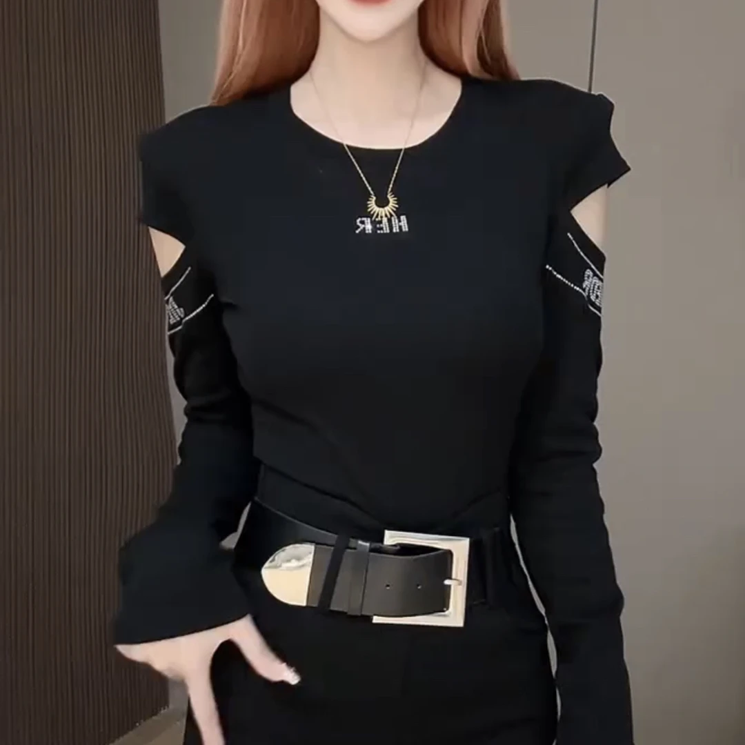 新款露肩打底衫上衣亮钻洋气百搭秋冬修身时尚显瘦小衫